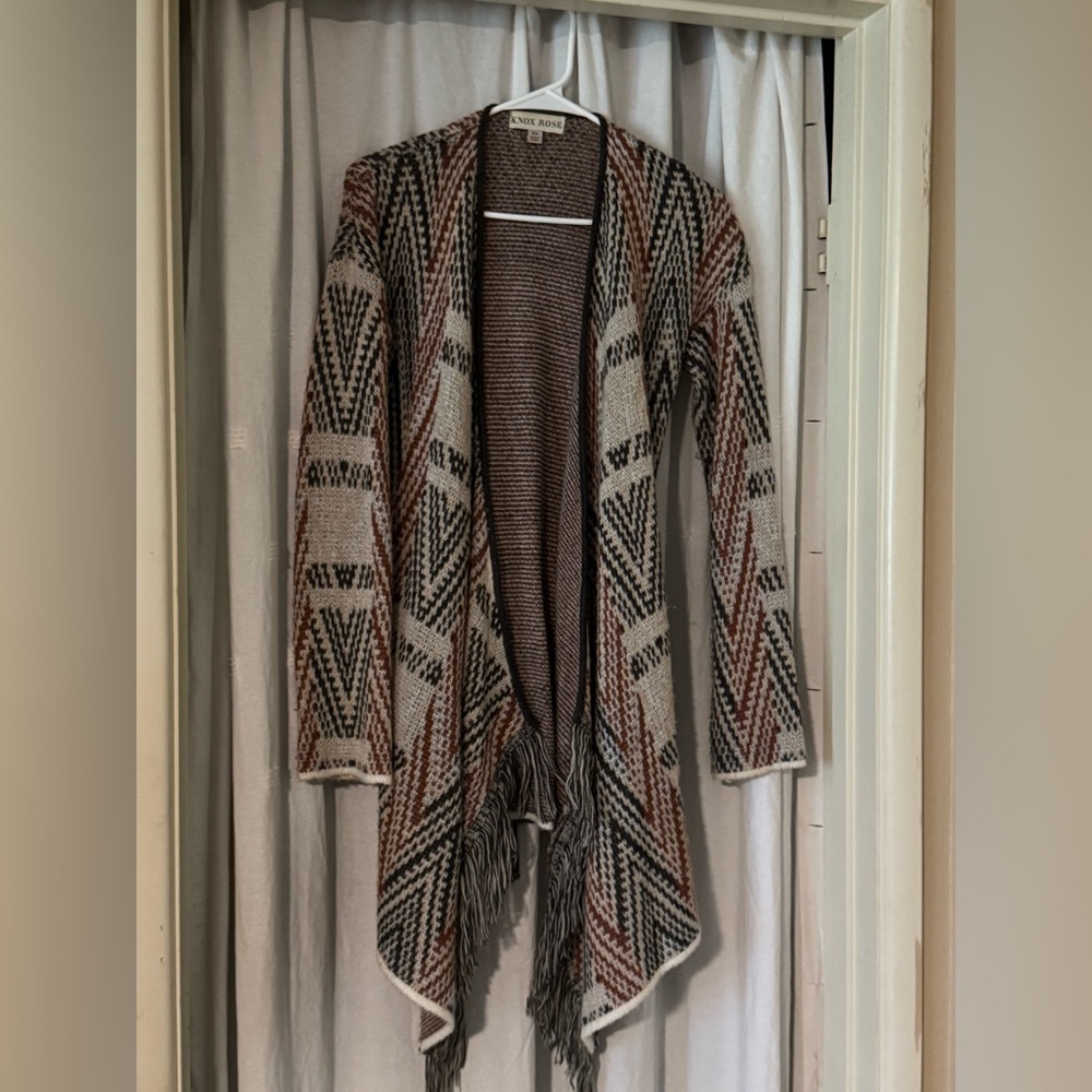 Knox Rose Brown Beige Geometric Fringe Open-Front Cardigan